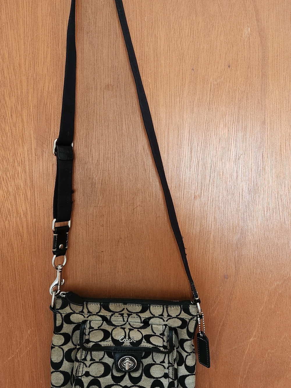 Coach Black and Cream Signature Crossbody with Turnlock Front Pocket